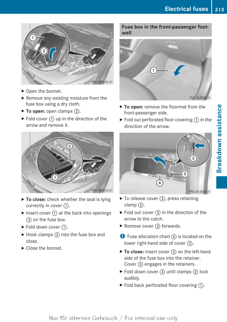 Fuse box in the front-passenger footwell, The front-passenger footwell, Breakdown assistance | Electrical fuses | Mercedes-Benz 2013 CLA Class User Manual | Page 315 / 352