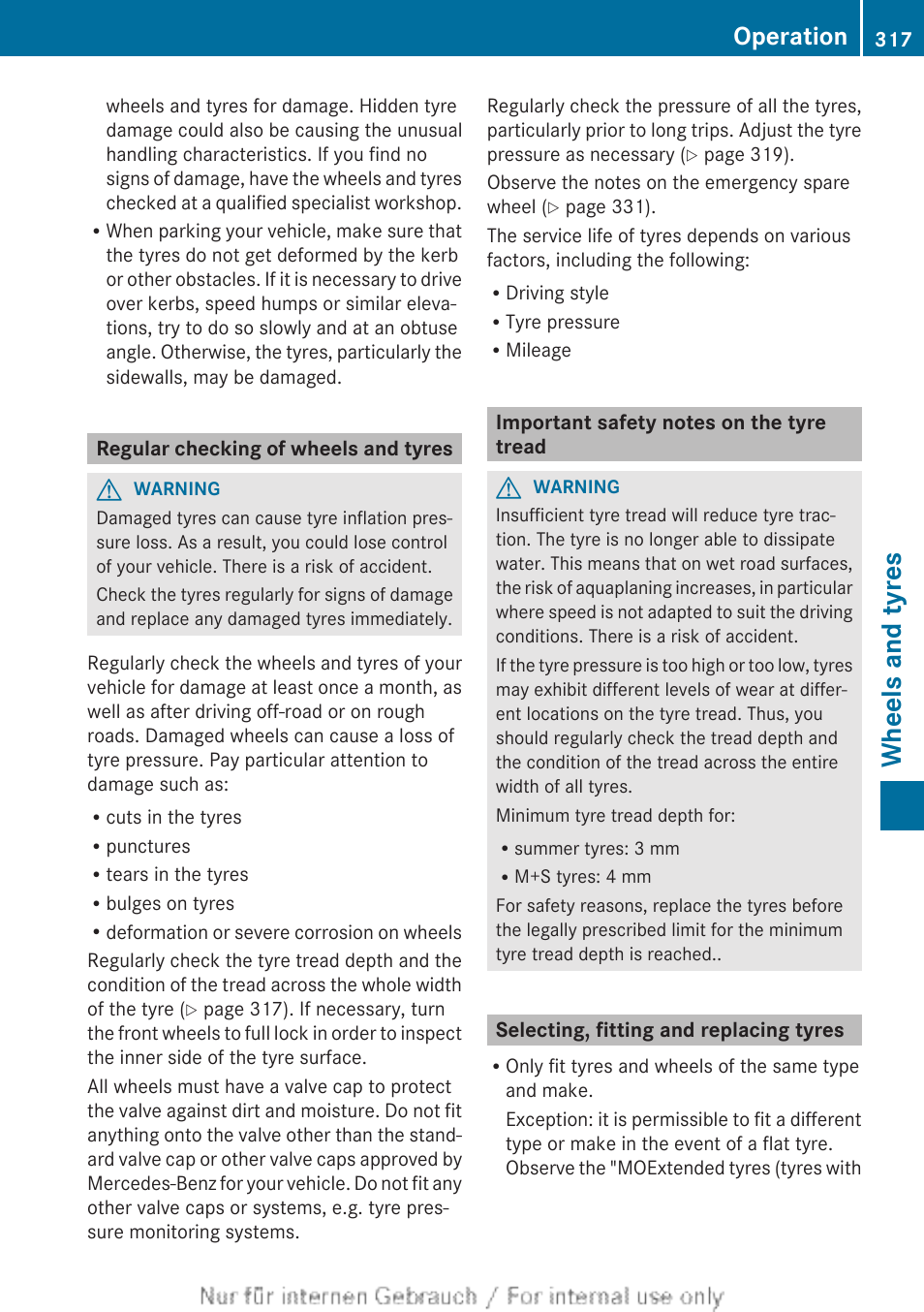 Regular checking of wheels and tyres, Important safety notes on the tyre tread, Selecting, fitting and replacing tyres | Wheels and tyres, Operation | Mercedes-Benz 2013 CLA Class User Manual | Page 319 / 352