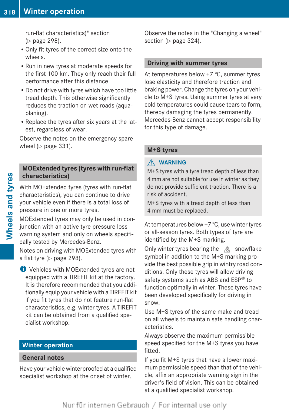 Winter operation, General notes, Driving with summer tyres | M+s tyres, Section, Wheels and tyres | Mercedes-Benz 2013 CLA Class User Manual | Page 320 / 352