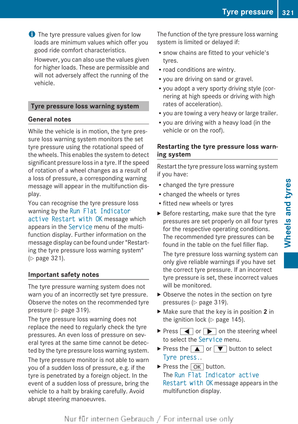 Tyre pressure loss warning system, System, Pressure is correct | Restart the tyre pressure loss warning system, Wheels and tyres, Tyre pressure | Mercedes-Benz 2013 CLA Class User Manual | Page 323 / 352