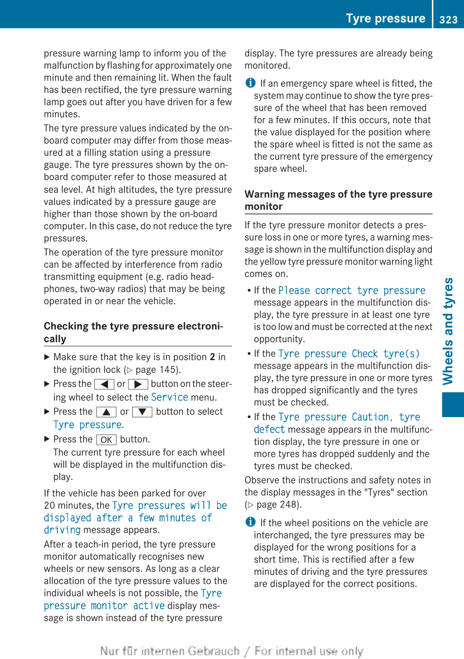 Wheels and tyres, Tyre pressure | Mercedes-Benz 2013 CLA Class User Manual | Page 325 / 352