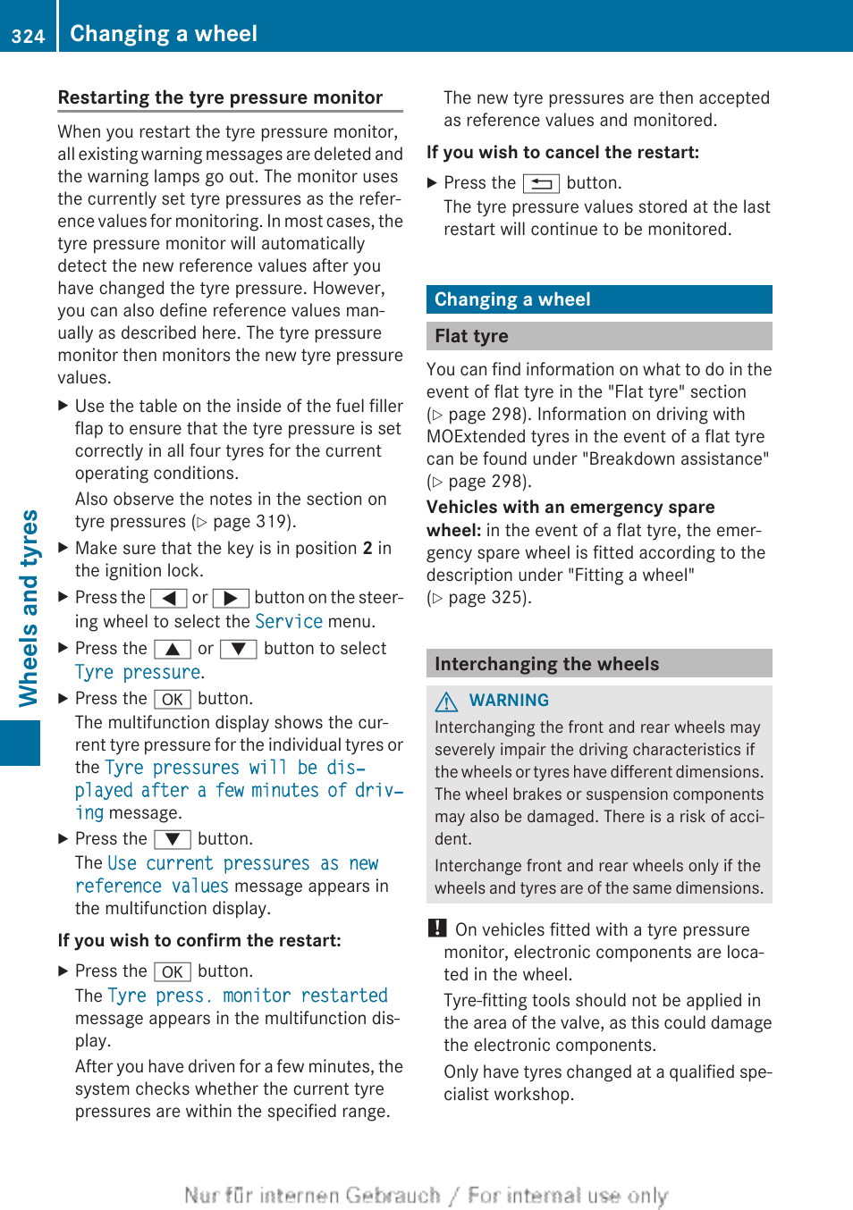 Changing a wheel, Flat tyre, Interchanging the wheels | Restart the tyre pressure monitor, Section, Wheels and tyres | Mercedes-Benz 2013 CLA Class User Manual | Page 326 / 352