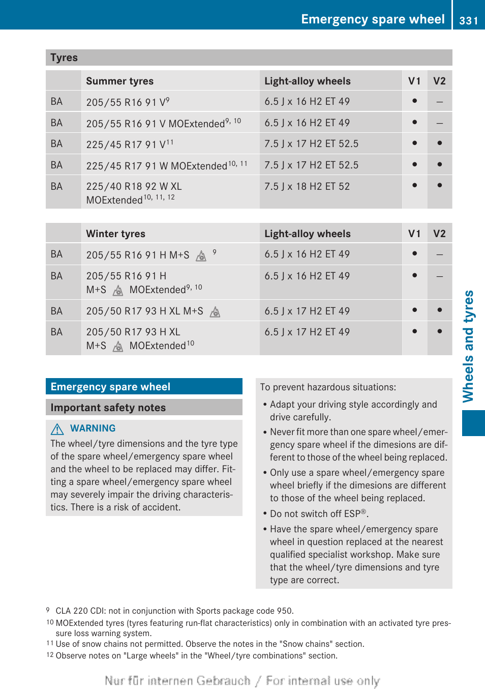 Tyres, Emergency spare wheel, Important safety notes | Wheel, Emergency spare wheel, see, Wheels and tyres | Mercedes-Benz 2013 CLA Class User Manual | Page 333 / 352