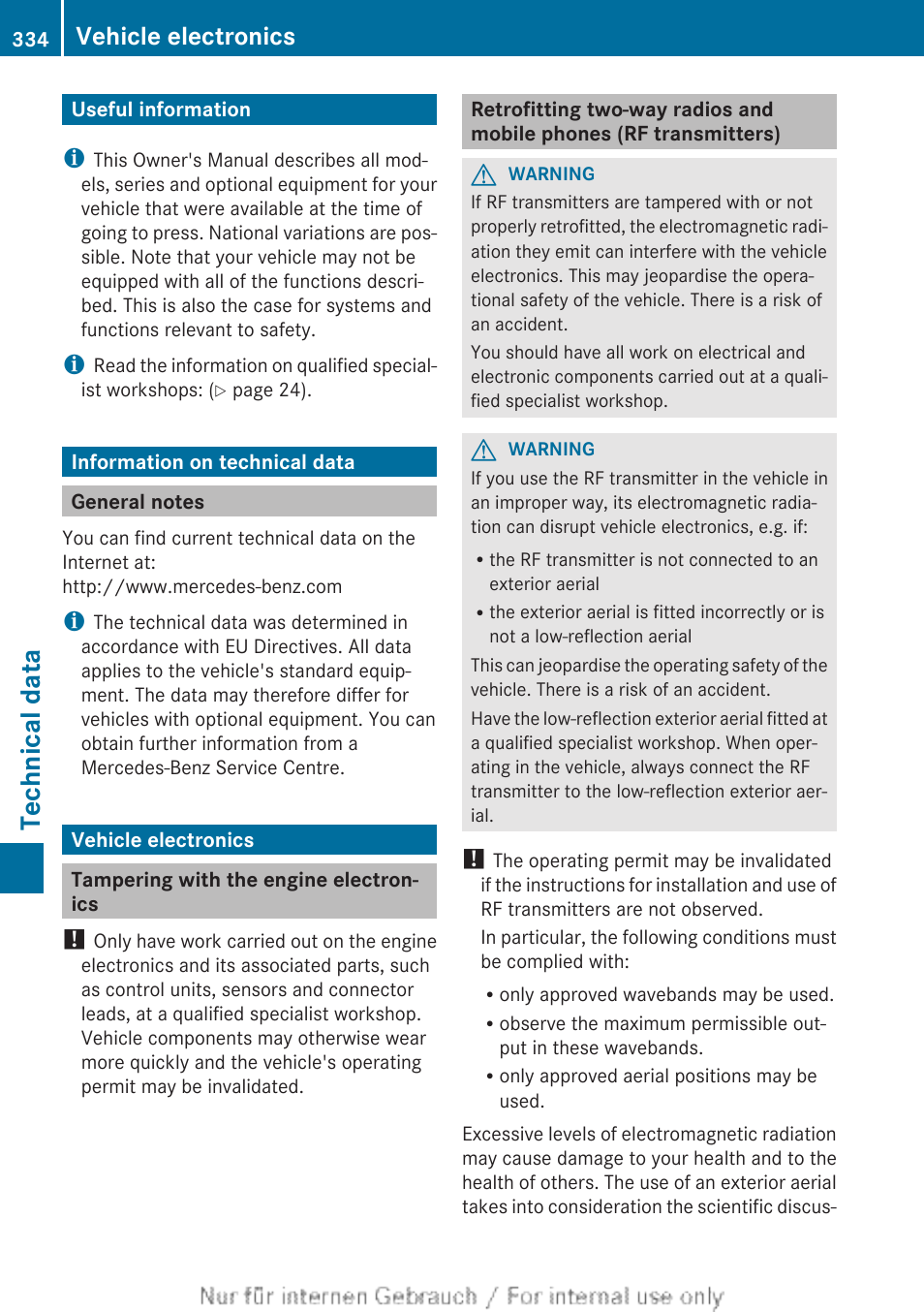 Technical data, Useful information, Information on technical data | General notes, Vehicle electronics, Tampering with the engine electronics | Mercedes-Benz 2013 CLA Class User Manual | Page 336 / 352