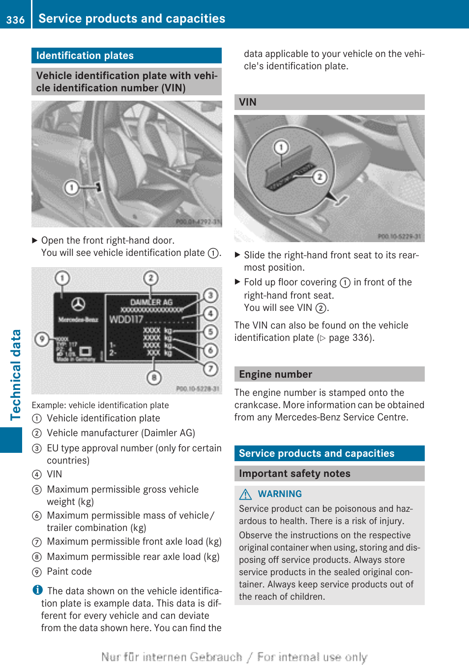 Identification plates, Engine number, Service products and capacities | Important safety notes, Ber (vin), Technical data | Mercedes-Benz 2013 CLA Class User Manual | Page 338 / 352