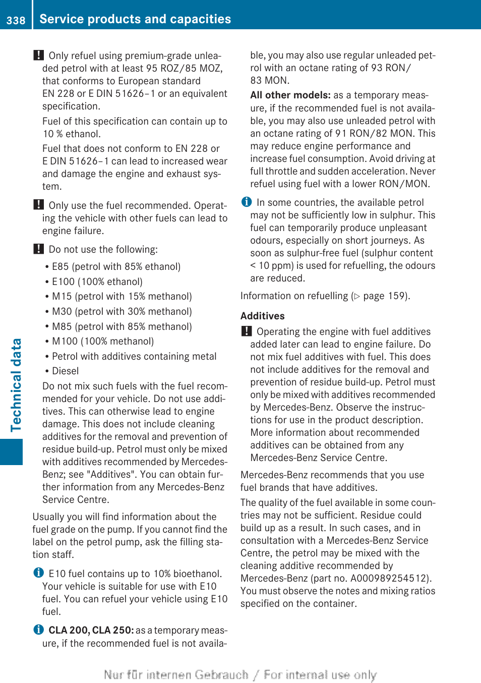 Technical data, Service products and capacities | Mercedes-Benz 2013 CLA Class User Manual | Page 340 / 352