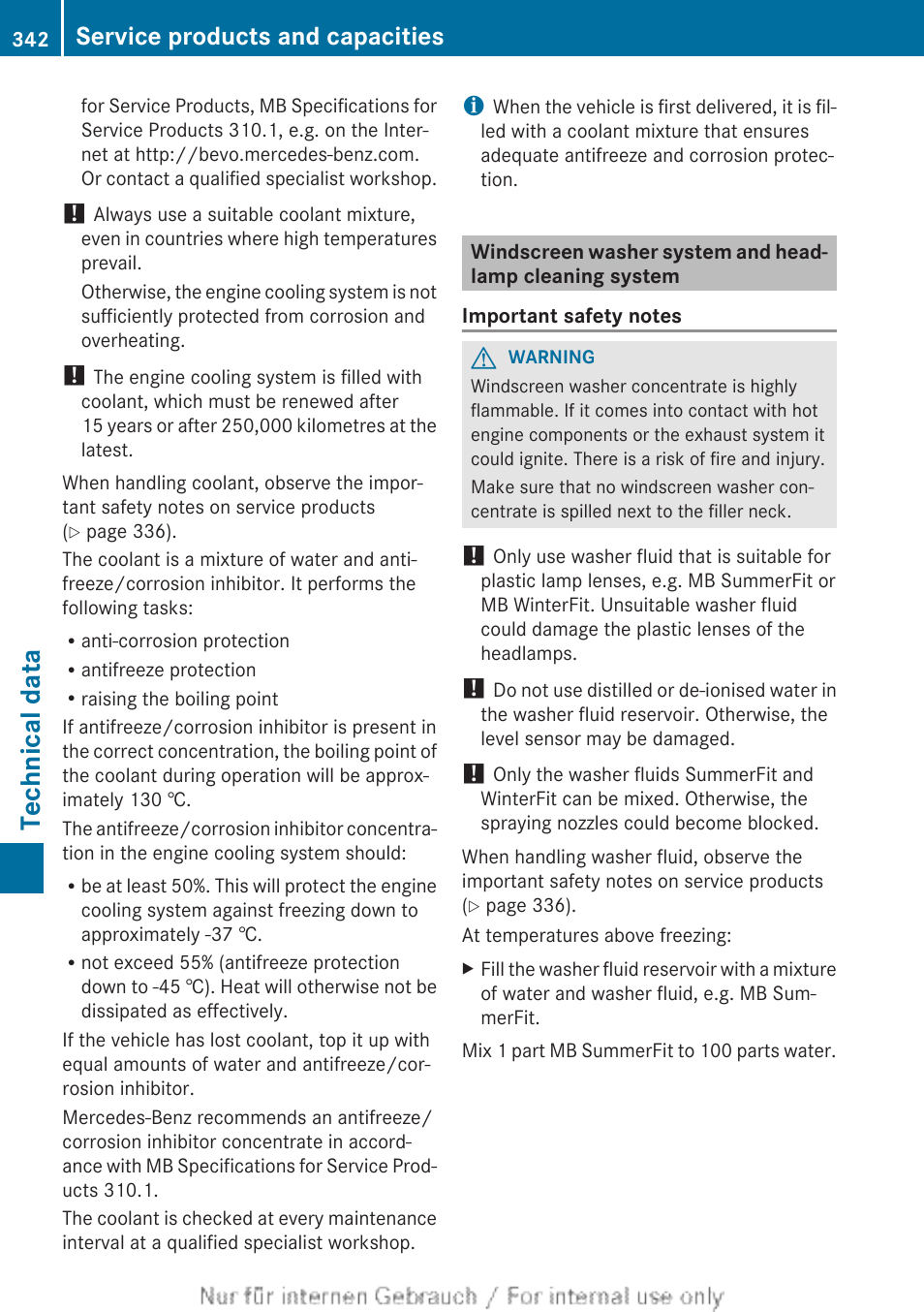 Fluid/antifreeze, Technical data, Service products and capacities | Mercedes-Benz 2013 CLA Class User Manual | Page 344 / 352