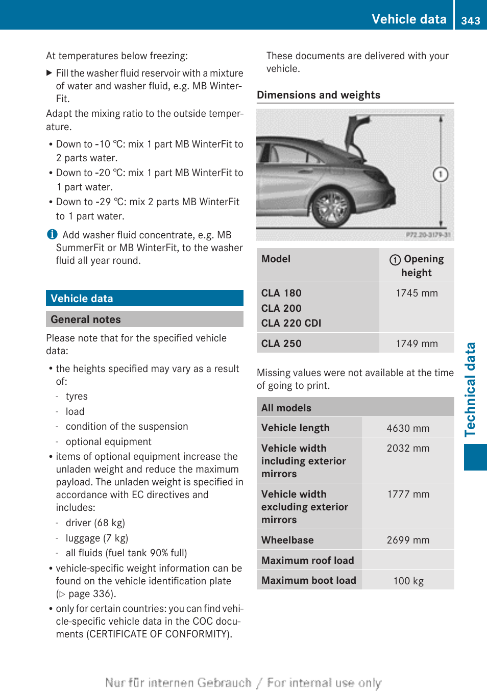 Vehicle data, General notes, Technical data | Mercedes-Benz 2013 CLA Class User Manual | Page 345 / 352