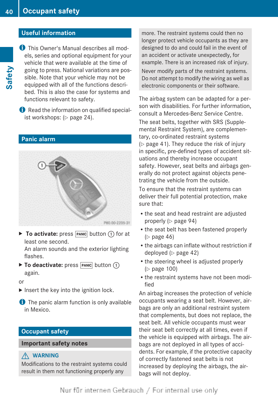 Safety, Useful information, Panic alarm | Occupant safety, Important safety notes, Useful information panic alarm occupant safety | Mercedes-Benz 2013 CLA Class User Manual | Page 42 / 352