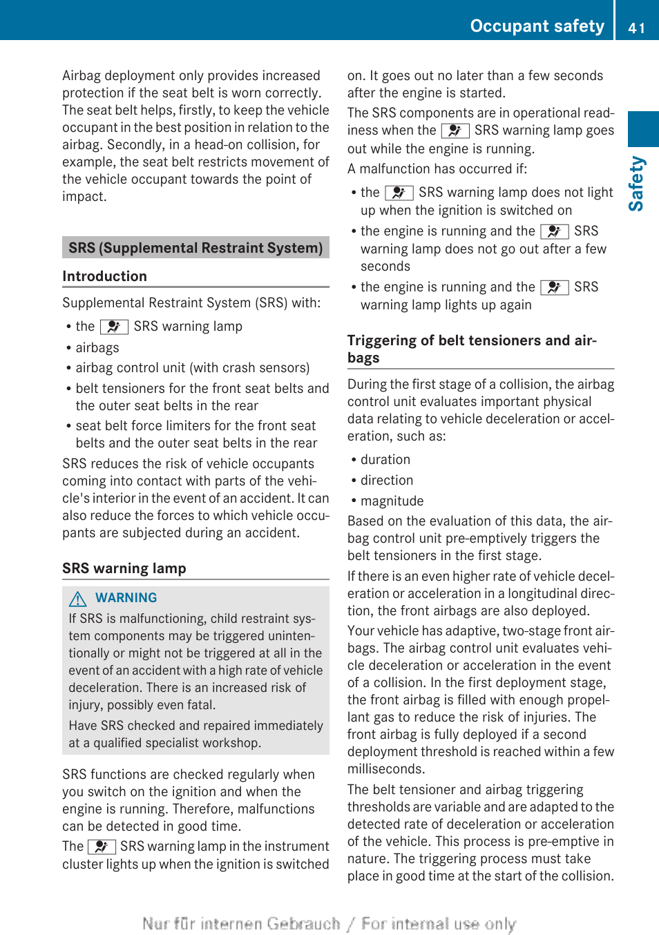 Srs (supplemental restraint system), Safety, Occupant safety | Mercedes-Benz 2013 CLA Class User Manual | Page 43 / 352