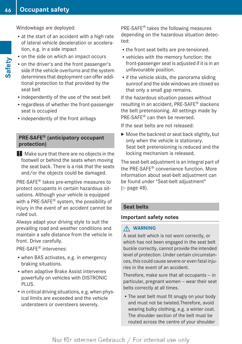 Pre-safe® (anticipatory occupant protection), Seat belts, Safety | Occupant safety | Mercedes-Benz 2013 CLA Class User Manual | Page 48 / 352