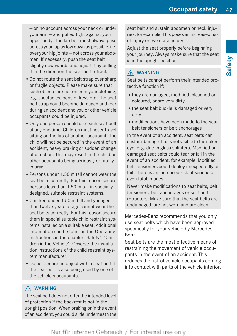 Safety, Occupant safety | Mercedes-Benz 2013 CLA Class User Manual | Page 49 / 352