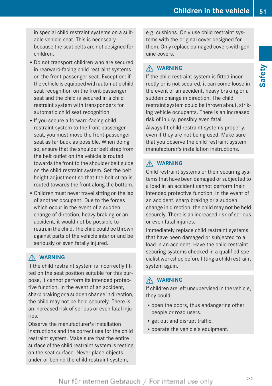 Safety, Children in the vehicle | Mercedes-Benz 2013 CLA Class User Manual | Page 53 / 352