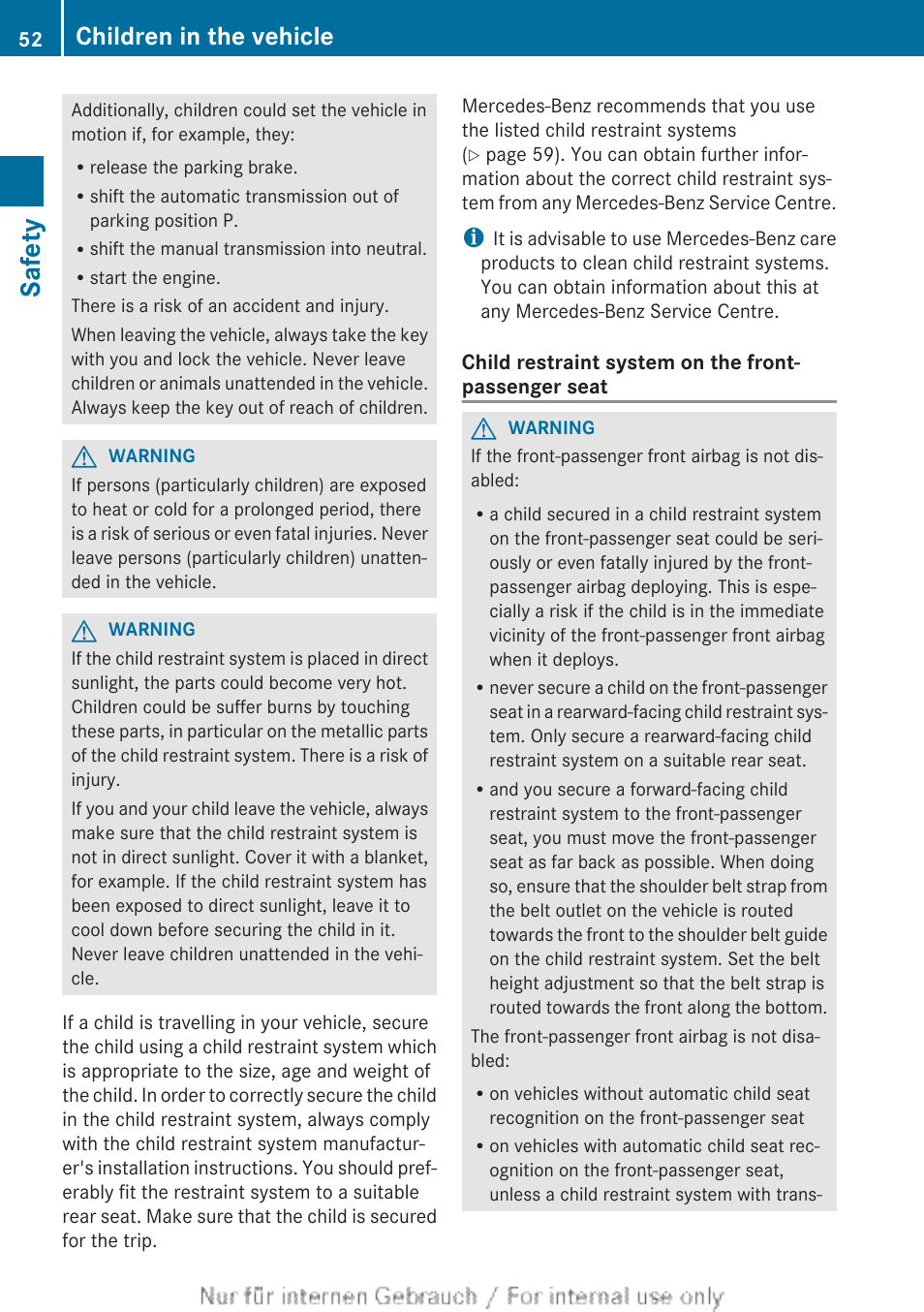 Safety, Children in the vehicle | Mercedes-Benz 2013 CLA Class User Manual | Page 54 / 352