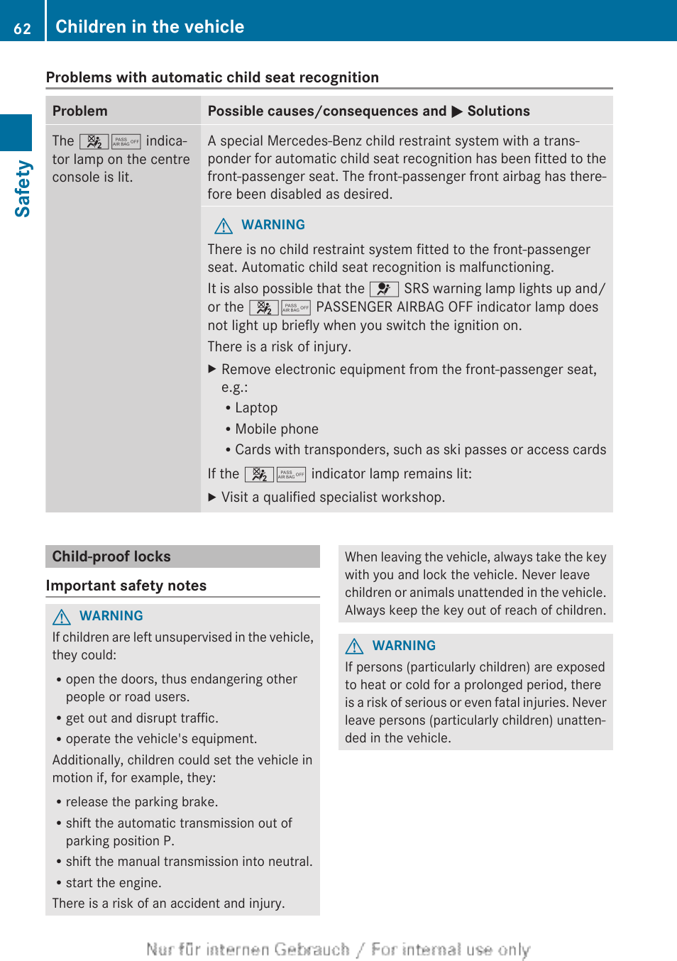 Child-proof locks, Safety, Children in the vehicle | Mercedes-Benz 2013 CLA Class User Manual | Page 64 / 352