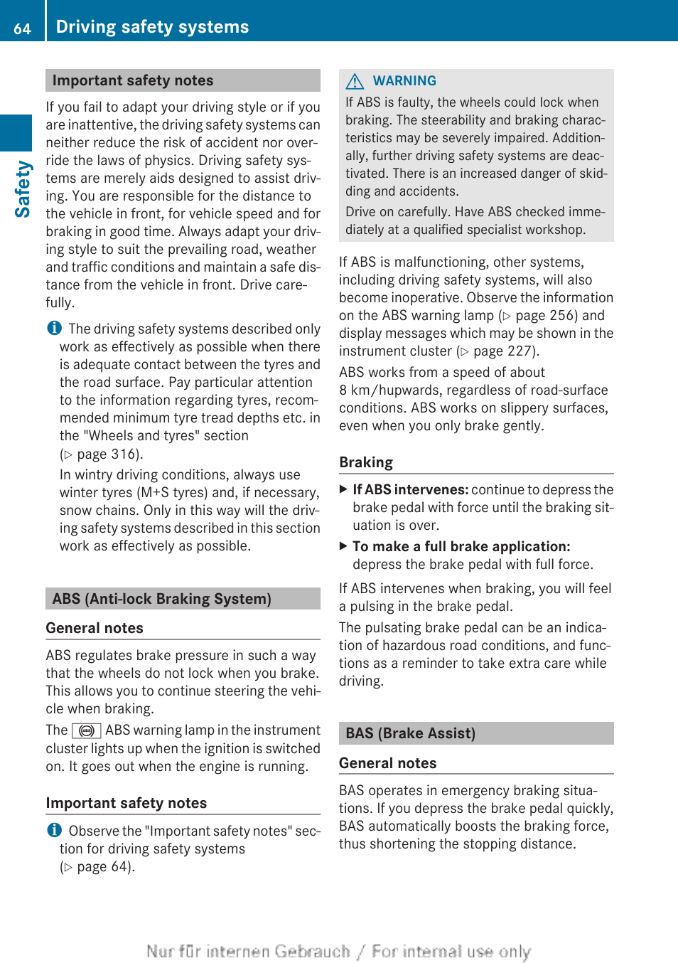 Important safety notes, Abs (anti-lock braking system), Bas (brake assist) | Ystem), Safety, Driving safety systems | Mercedes-Benz 2013 CLA Class User Manual | Page 66 / 352