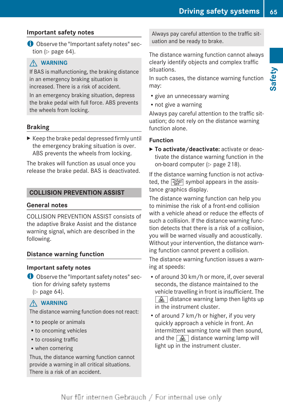 Collision prevention assist, Tion), Safety | Driving safety systems | Mercedes-Benz 2013 CLA Class User Manual | Page 67 / 352