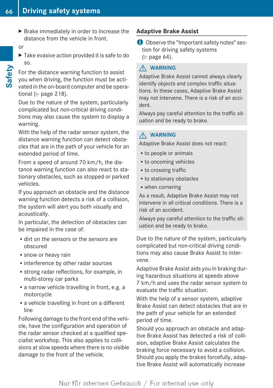 Safety, Driving safety systems | Mercedes-Benz 2013 CLA Class User Manual | Page 68 / 352