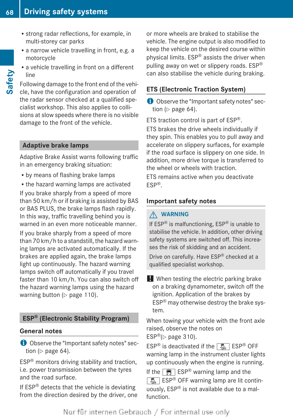 Adaptive brake lamps, Esp® (electronic stability program), Safety | Driving safety systems | Mercedes-Benz 2013 CLA Class User Manual | Page 70 / 352