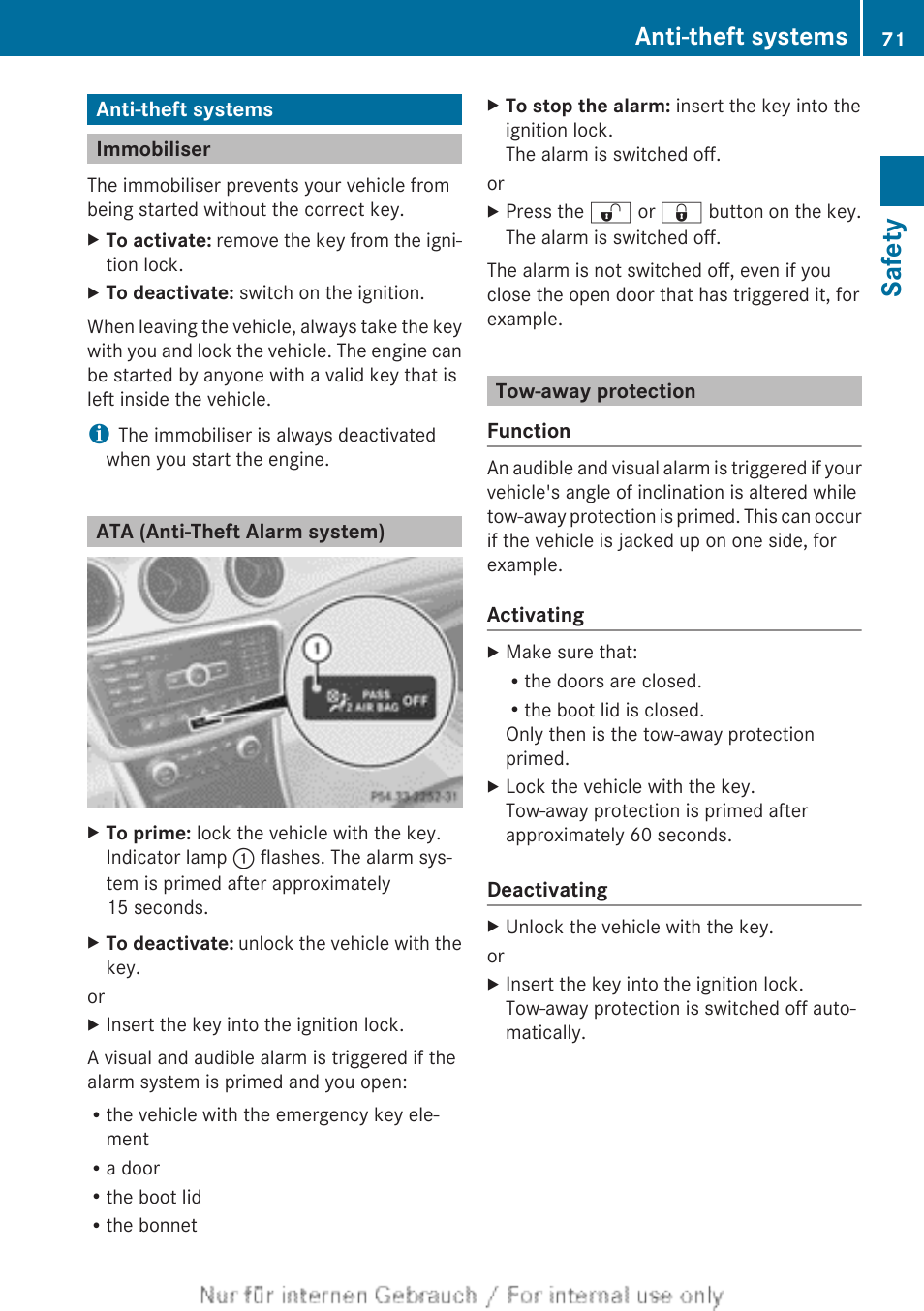 Anti-theft systems, Immobiliser, Ata (anti-theft alarm system) | Tow-away protection, Safety | Mercedes-Benz 2013 CLA Class User Manual | Page 73 / 352