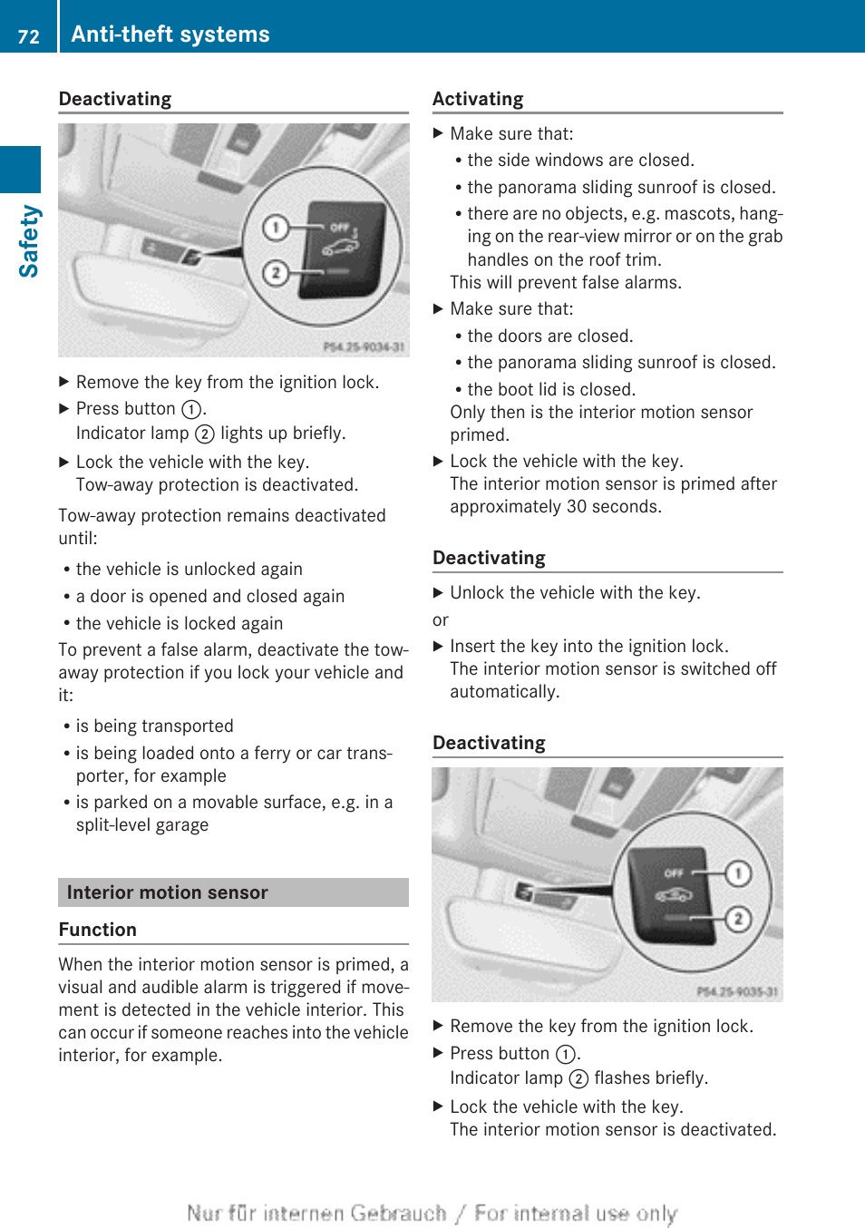 Interior motion sensor, Safety, Anti-theft systems | Mercedes-Benz 2013 CLA Class User Manual | Page 74 / 352