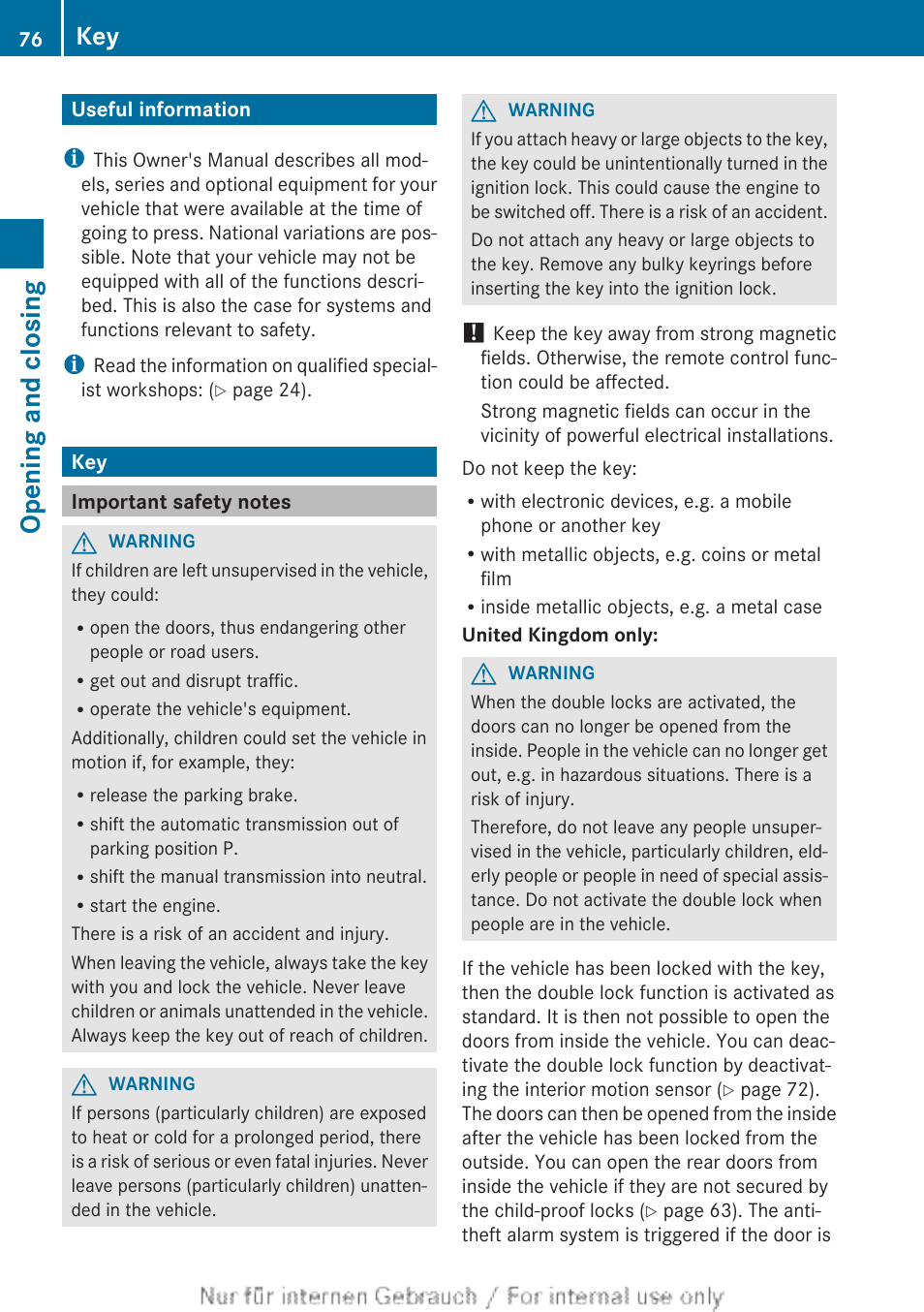 Opening and closing, Useful information, Important safety notes | Useful information key | Mercedes-Benz 2013 CLA Class User Manual | Page 78 / 352