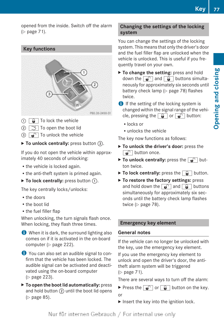 Key functions, Changing the settings of the locking system, Emergency key element | Opening and closing | Mercedes-Benz 2013 CLA Class User Manual | Page 79 / 352