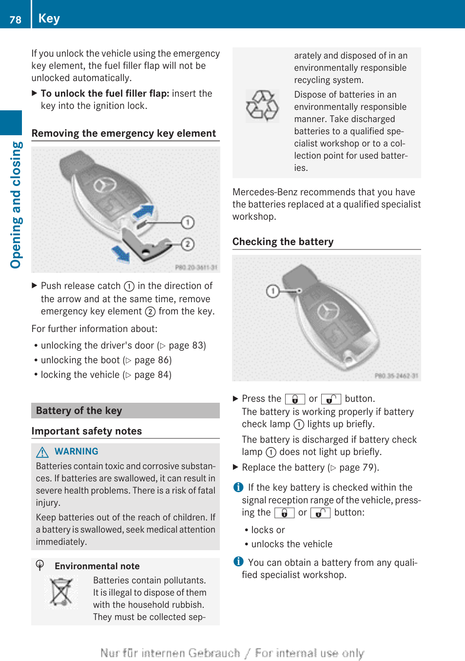 Battery of the key, Battery check lamp, Twice | Opening and closing | Mercedes-Benz 2013 CLA Class User Manual | Page 80 / 352