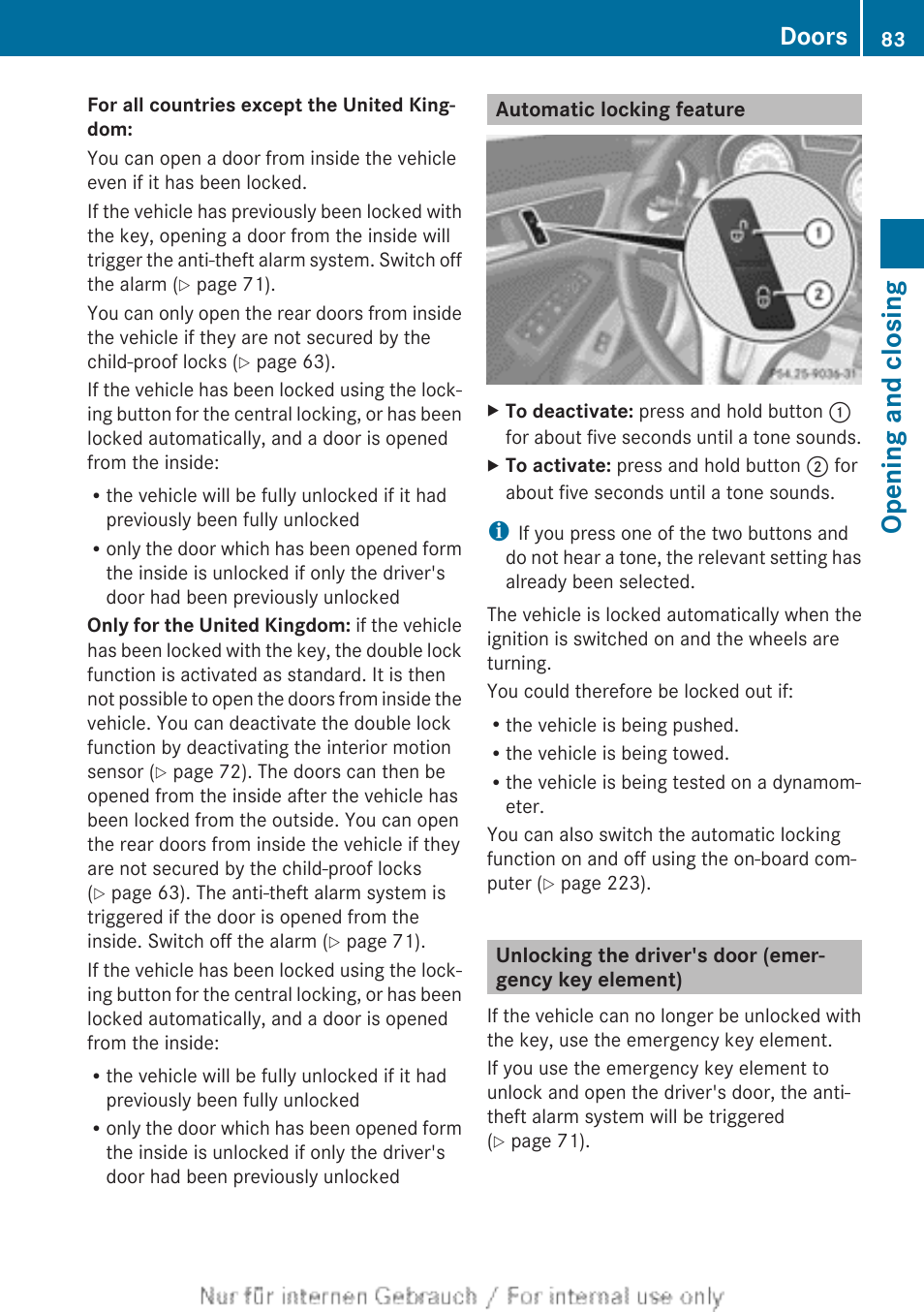 Automatic locking feature, Unlocking the driver's door, Lock | Opening and closing, Doors | Mercedes-Benz 2013 CLA Class User Manual | Page 85 / 352