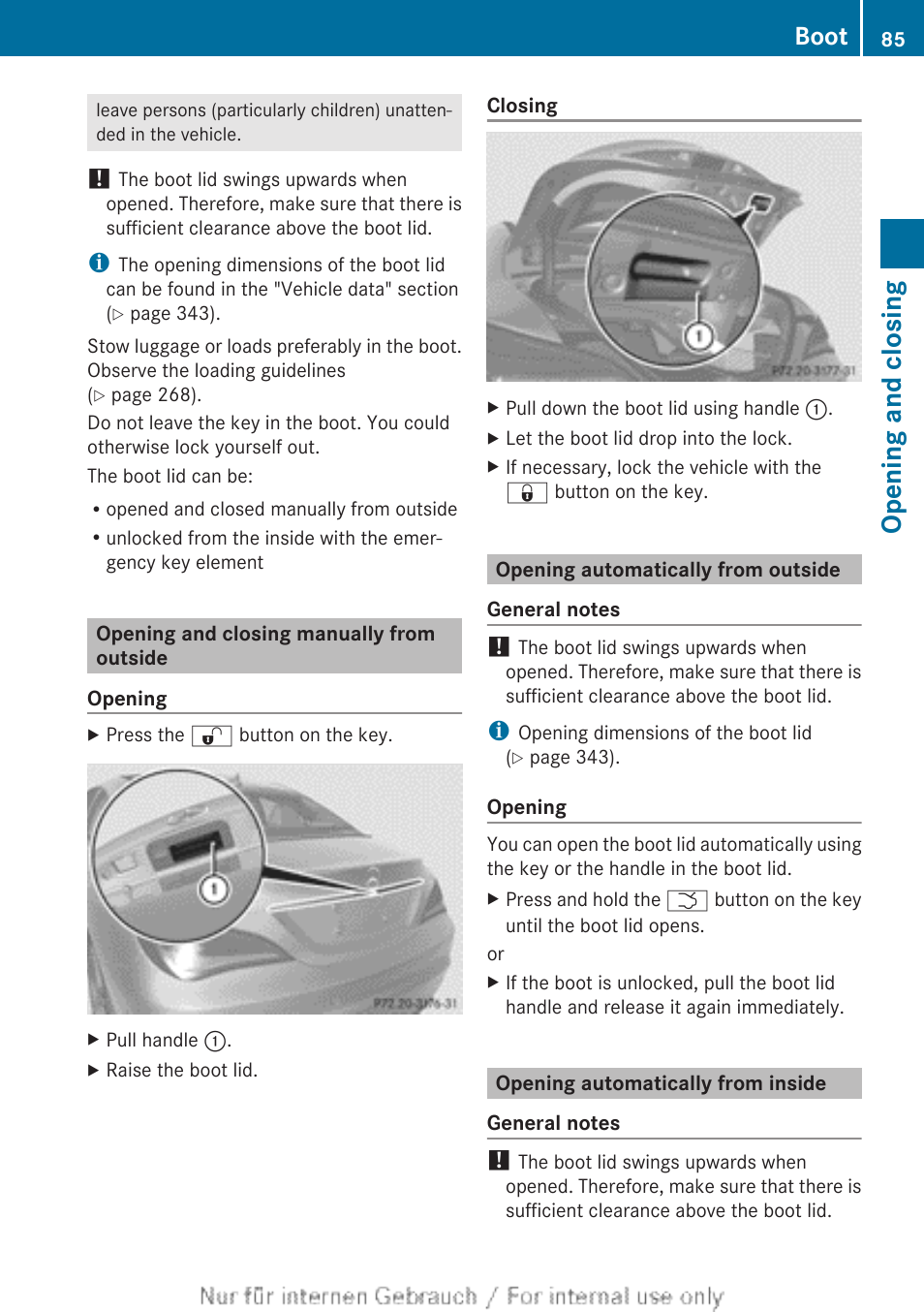 Opening and closing manually from outside, Opening automatically from outside, Opening automatically from inside | Opening and closing, Boot | Mercedes-Benz 2013 CLA Class User Manual | Page 87 / 352