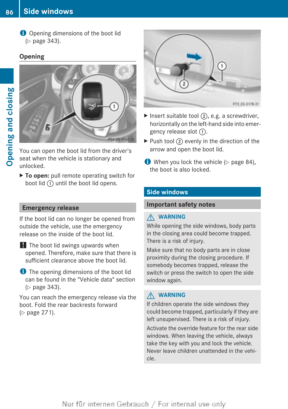 Emergency release, Side windows, Important safety notes | Unlocking the boot, Opening and closing | Mercedes-Benz 2013 CLA Class User Manual | Page 88 / 352