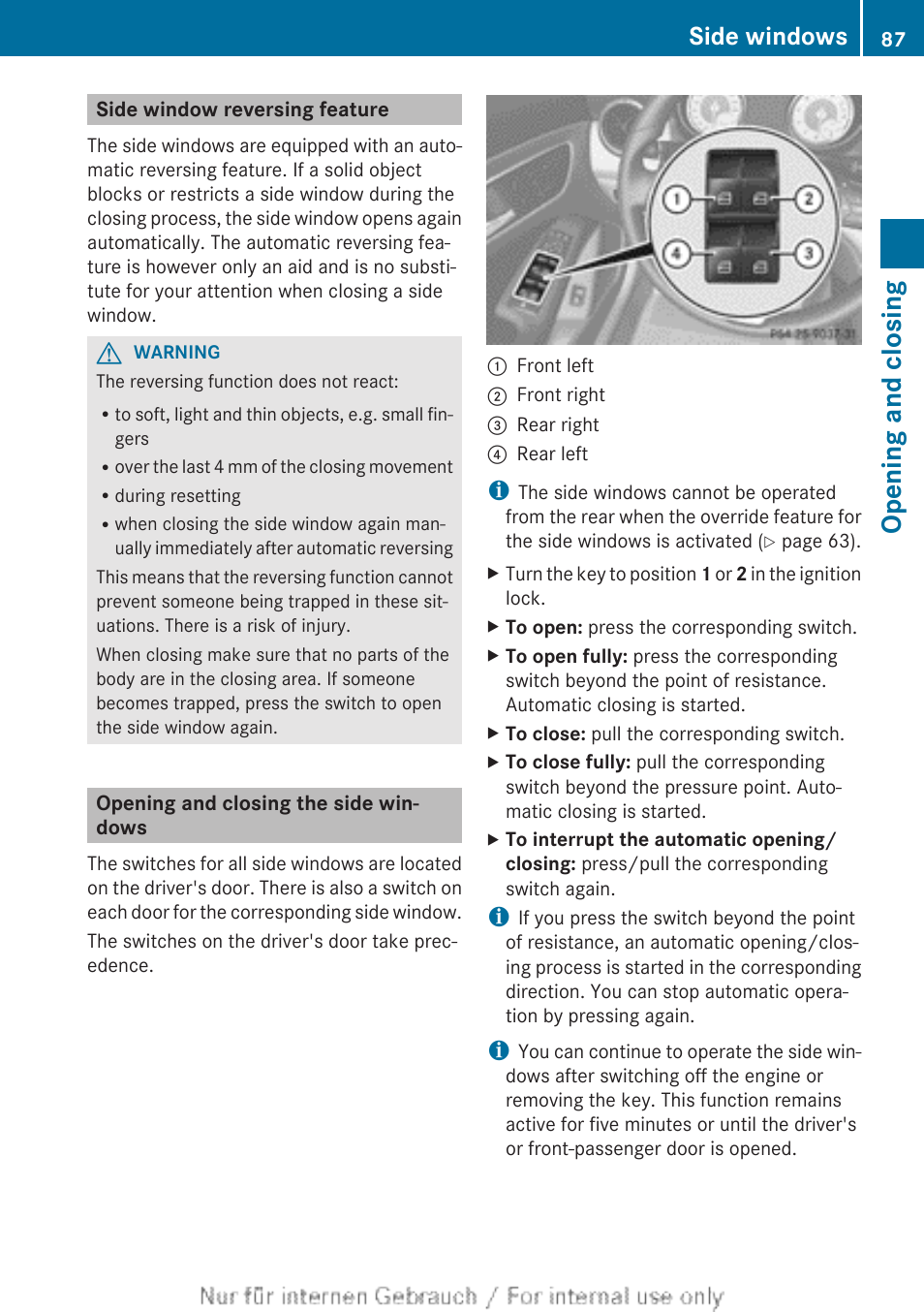 Side window reversing feature, Opening and closing the side windows, Opening and closing | Side windows | Mercedes-Benz 2013 CLA Class User Manual | Page 89 / 352