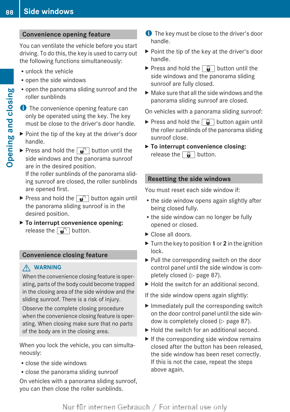 Convenience opening feature, Convenience closing feature, Resetting the side windows | Opening and closing, Side windows | Mercedes-Benz 2013 CLA Class User Manual | Page 90 / 352