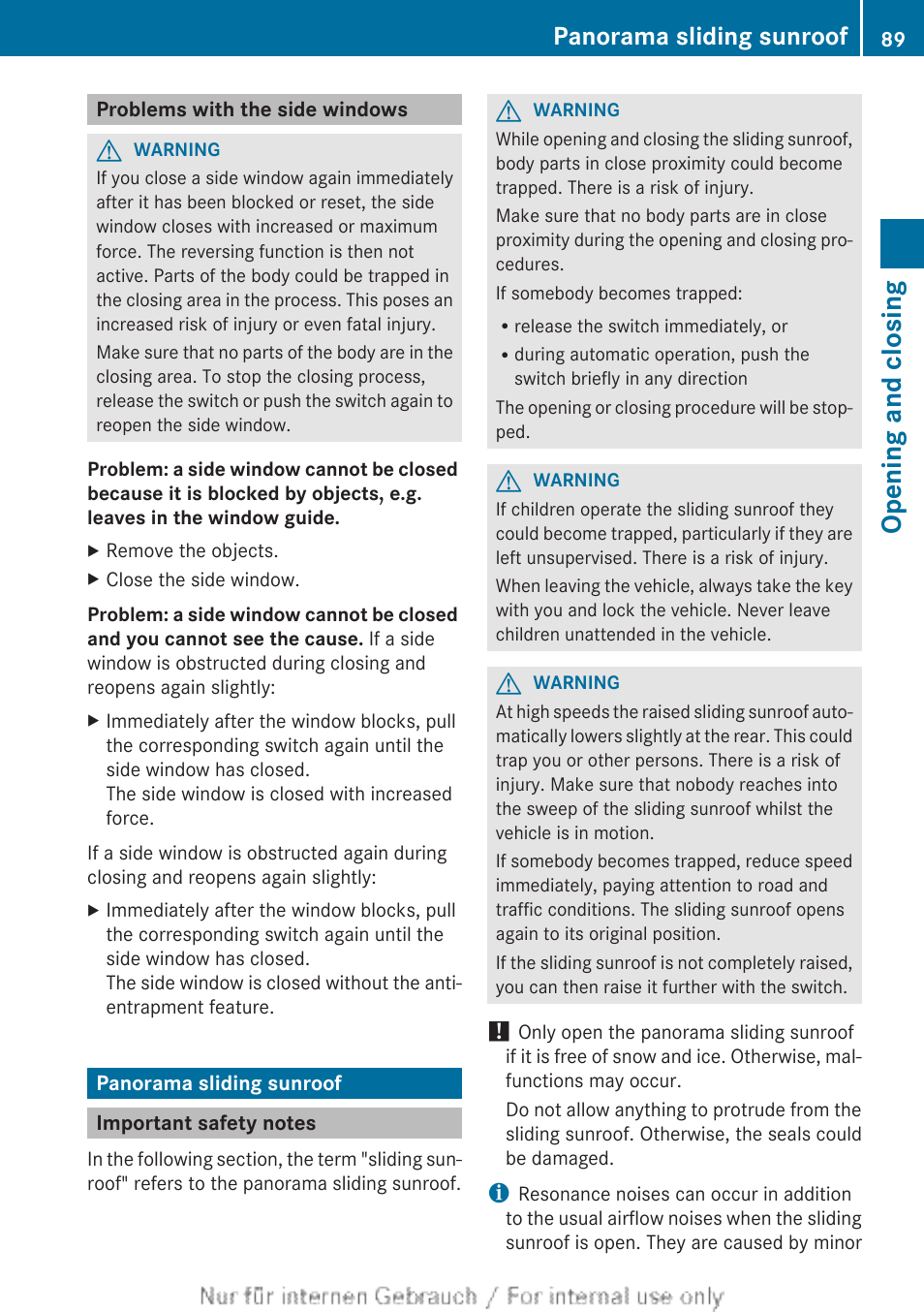 Problems with the side windows, Panorama sliding sunroof, Important safety notes | Opening and closing | Mercedes-Benz 2013 CLA Class User Manual | Page 91 / 352