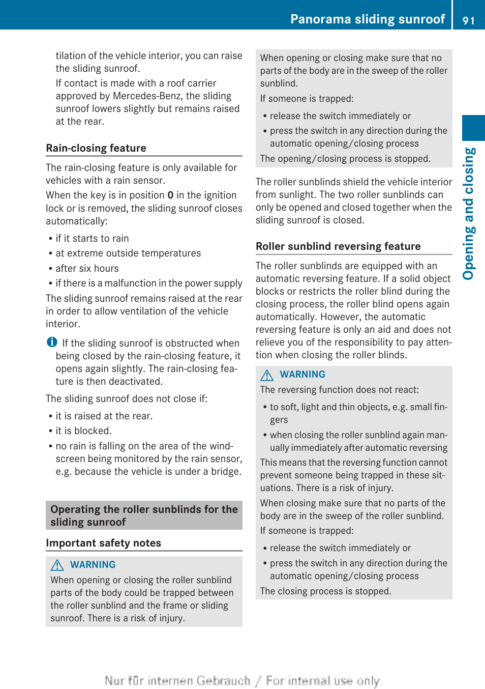 Opening and closing, Panorama sliding sunroof | Mercedes-Benz 2013 CLA Class User Manual | Page 93 / 352