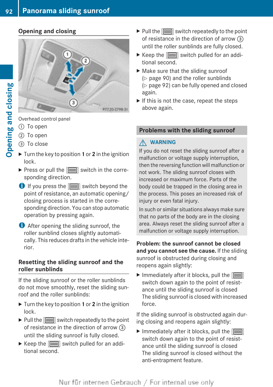 Problems with the sliding sunroof, Opening and closing, Panorama sliding sunroof | Mercedes-Benz 2013 CLA Class User Manual | Page 94 / 352