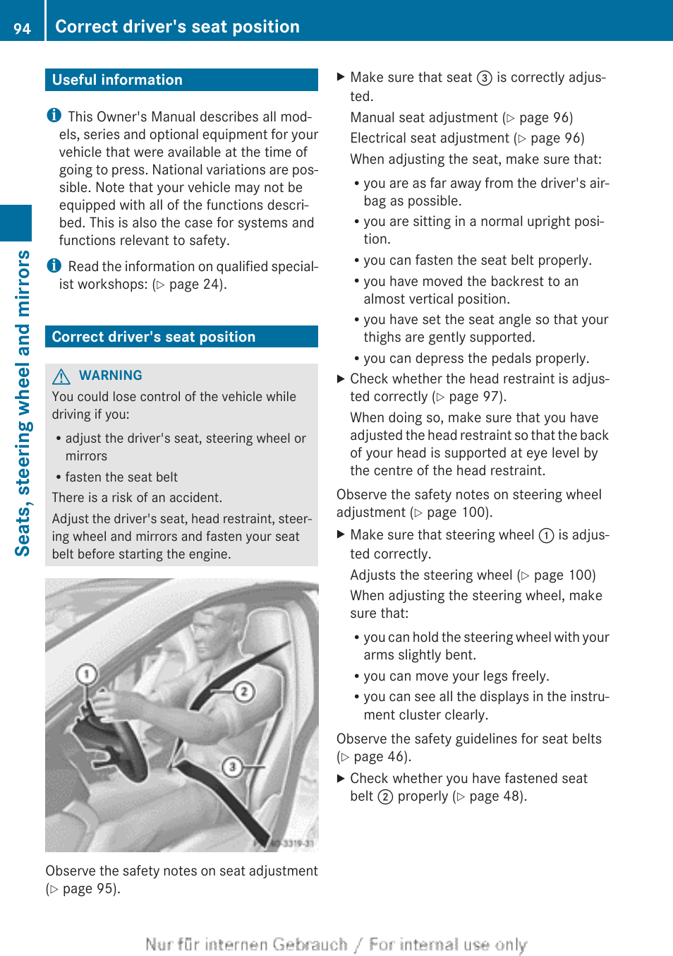 Seats, steering wheel and mirrors, Useful information, Correct driver's seat position | An almost vertical position, Useful information correct driver's seat position | Mercedes-Benz 2013 CLA Class User Manual | Page 96 / 352