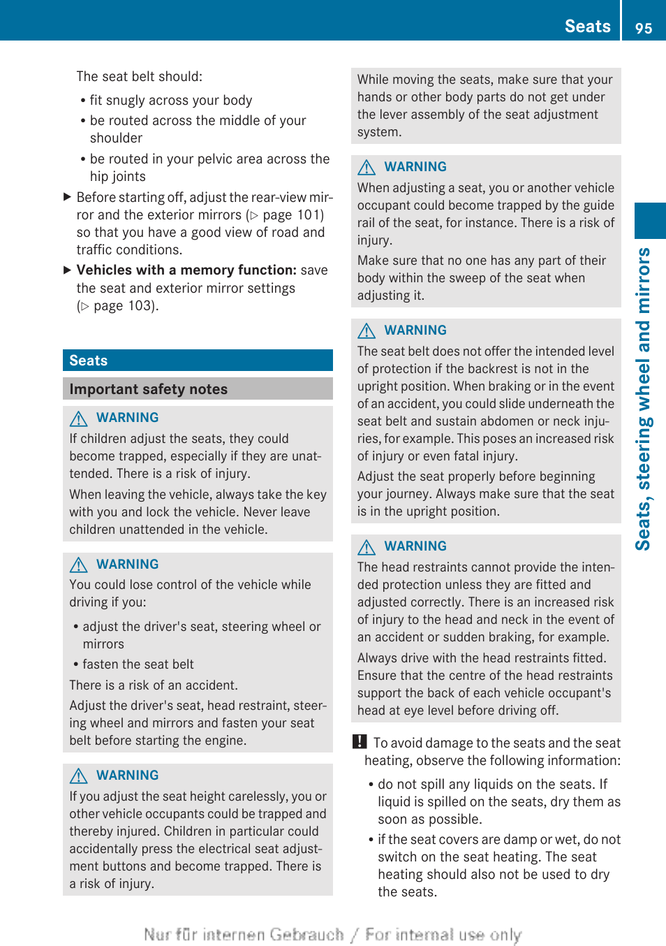 Seats, Important safety notes, Seats, steering wheel and mirrors | Mercedes-Benz 2013 CLA Class User Manual | Page 97 / 352