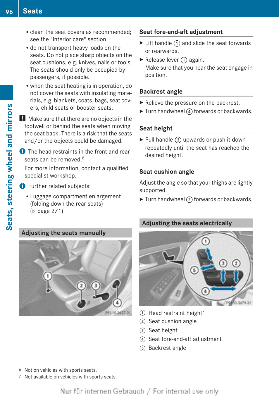 Adjusting the seats manually, Adjusting the seats electrically, Manual seat adjustment | Electrical seat adjustment, Seats, steering wheel and mirrors, Seats | Mercedes-Benz 2013 CLA Class User Manual | Page 98 / 352