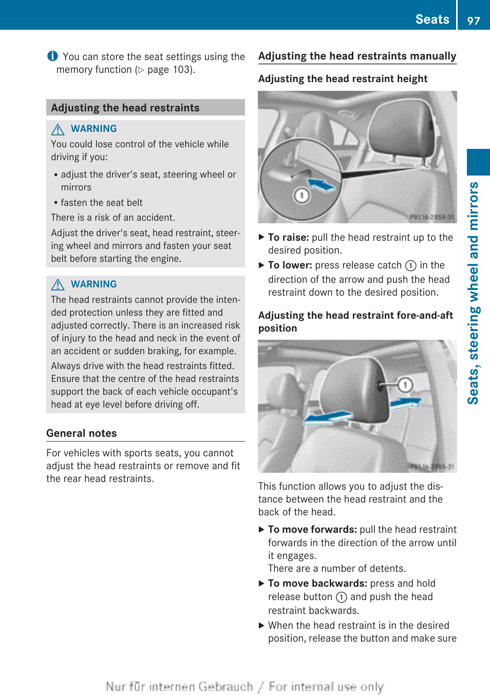 Adjusting the head restraints, Ted correctly, Seats, steering wheel and mirrors | Seats | Mercedes-Benz 2013 CLA Class User Manual | Page 99 / 352