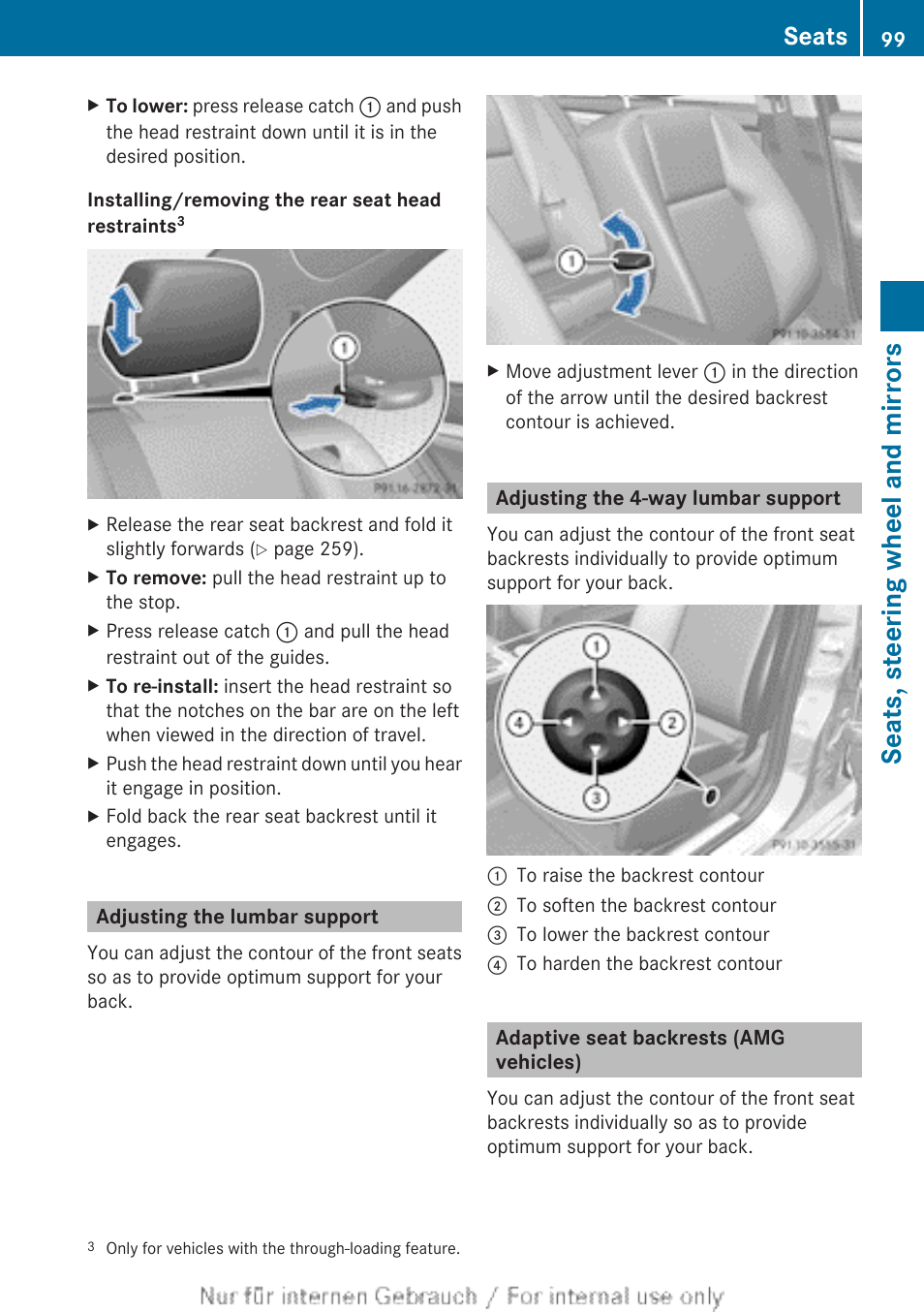 Adjusting the lumbar support, Adjusting the 4-way lumbar support, Adaptive seat backrests (amg vehicles) | Seats, steering wheel and mirrors, Seats | Mercedes-Benz 2013 C Class Sedan User Manual | Page 101 / 360