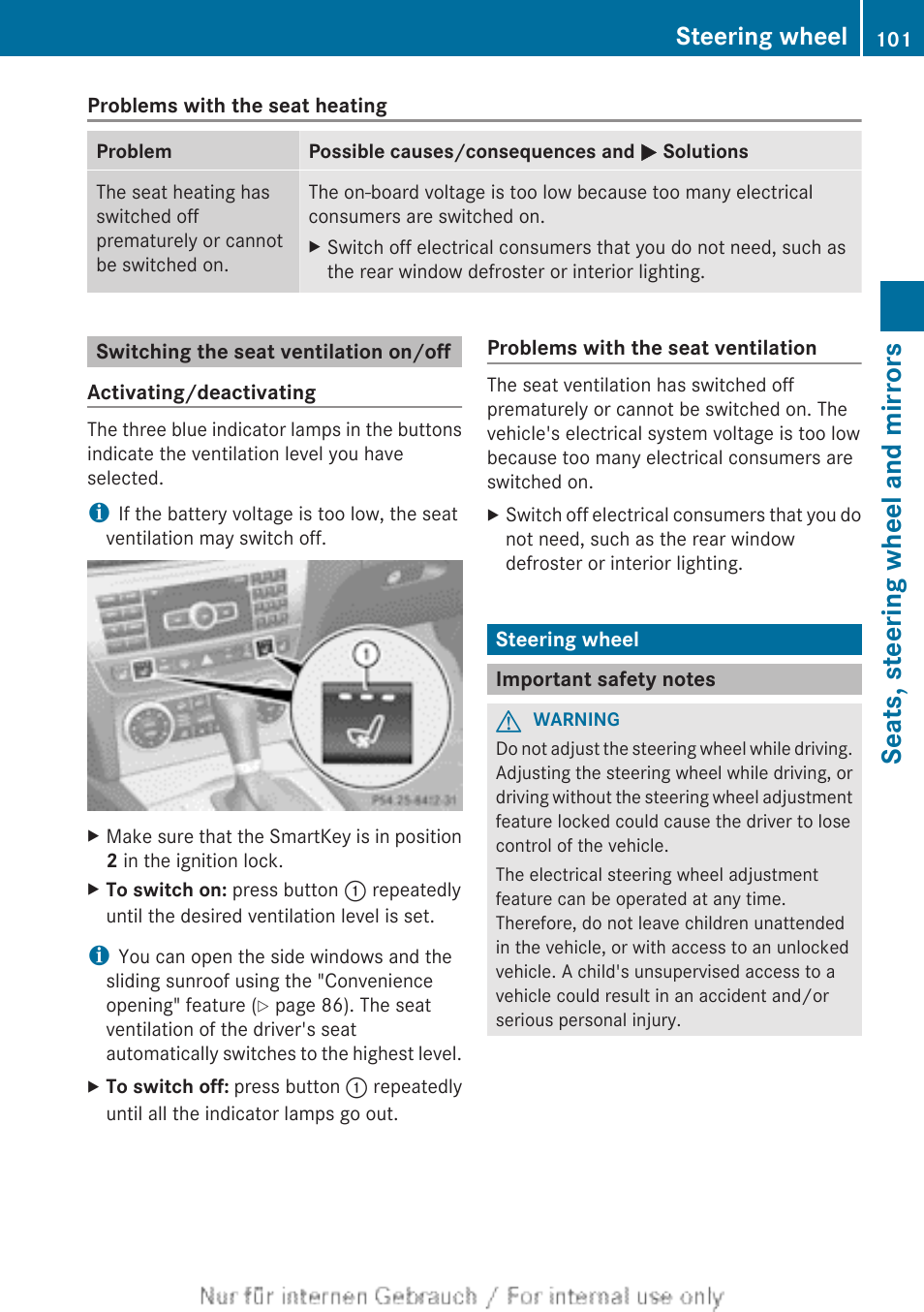 Switching the seat ventilation on/off, Steering wheel, Important safety notes | Wheel adjustment, Seats, steering wheel and mirrors | Mercedes-Benz 2013 C Class Sedan User Manual | Page 103 / 360