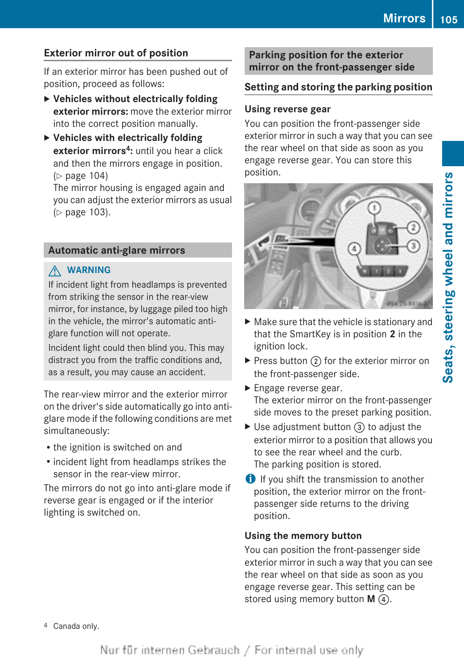 Automatic anti-glare mirrors, Seats, steering wheel and mirrors, Mirrors | Mercedes-Benz 2013 C Class Sedan User Manual | Page 107 / 360