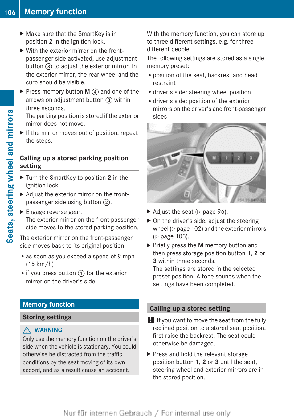 Memory function, Storing settings, Calling up a stored setting | Seats, steering wheel and mirrors | Mercedes-Benz 2013 C Class Sedan User Manual | Page 108 / 360