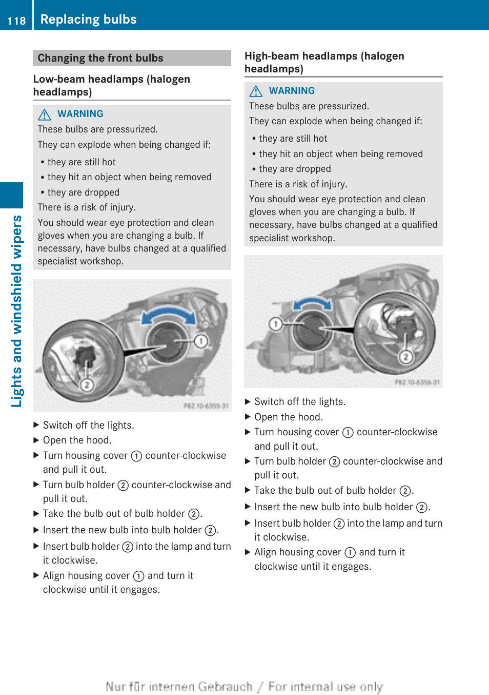 Changing the front bulbs, Lights and windshield wipers, Replacing bulbs | Mercedes-Benz 2013 C Class Sedan User Manual | Page 120 / 360