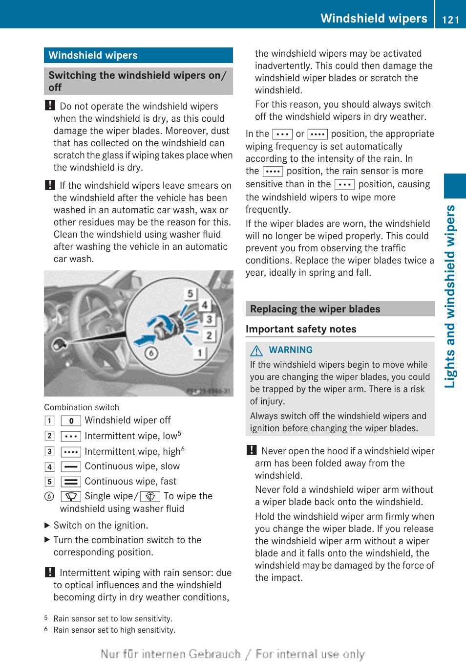 Windshield wipers, Switching the windshield wipers on/off, Replacing the wiper blades | Lights and windshield wipers | Mercedes-Benz 2013 C Class Sedan User Manual | Page 123 / 360