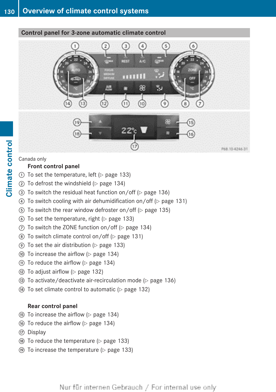 Control panel for 3-zone automatic climate control, Climate control, Overview of climate control systems | Mercedes-Benz 2013 C Class Sedan User Manual | Page 132 / 360