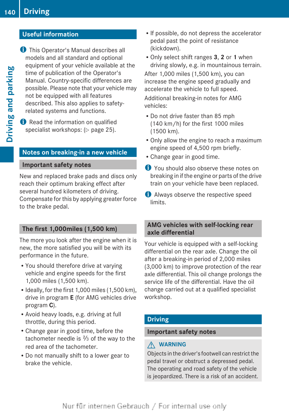 Driving and parking, Useful information, Notes on breaking-in a new vehicle | Important safety notes, The first1,000miles (1,500 km), Driving | Mercedes-Benz 2013 C Class Sedan User Manual | Page 142 / 360