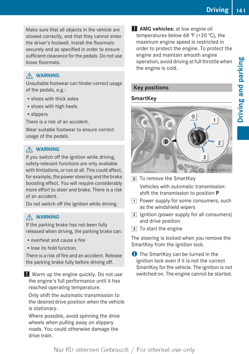 Key positions, Ignition lock, Driving and parking | Driving | Mercedes-Benz 2013 C Class Sedan User Manual | Page 143 / 360