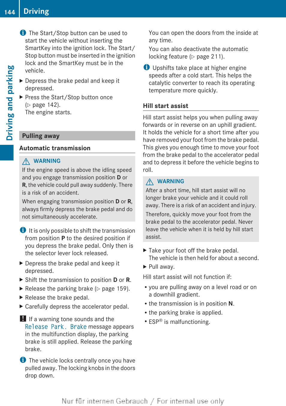 Pulling away, Driving and parking, Driving | Mercedes-Benz 2013 C Class Sedan User Manual | Page 146 / 360